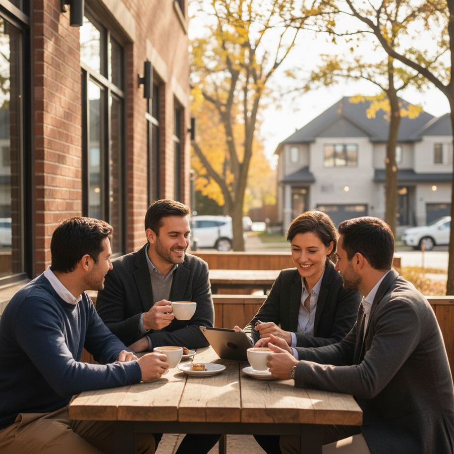 Two business owners having a networking coffee meeting at an Orleans cafe