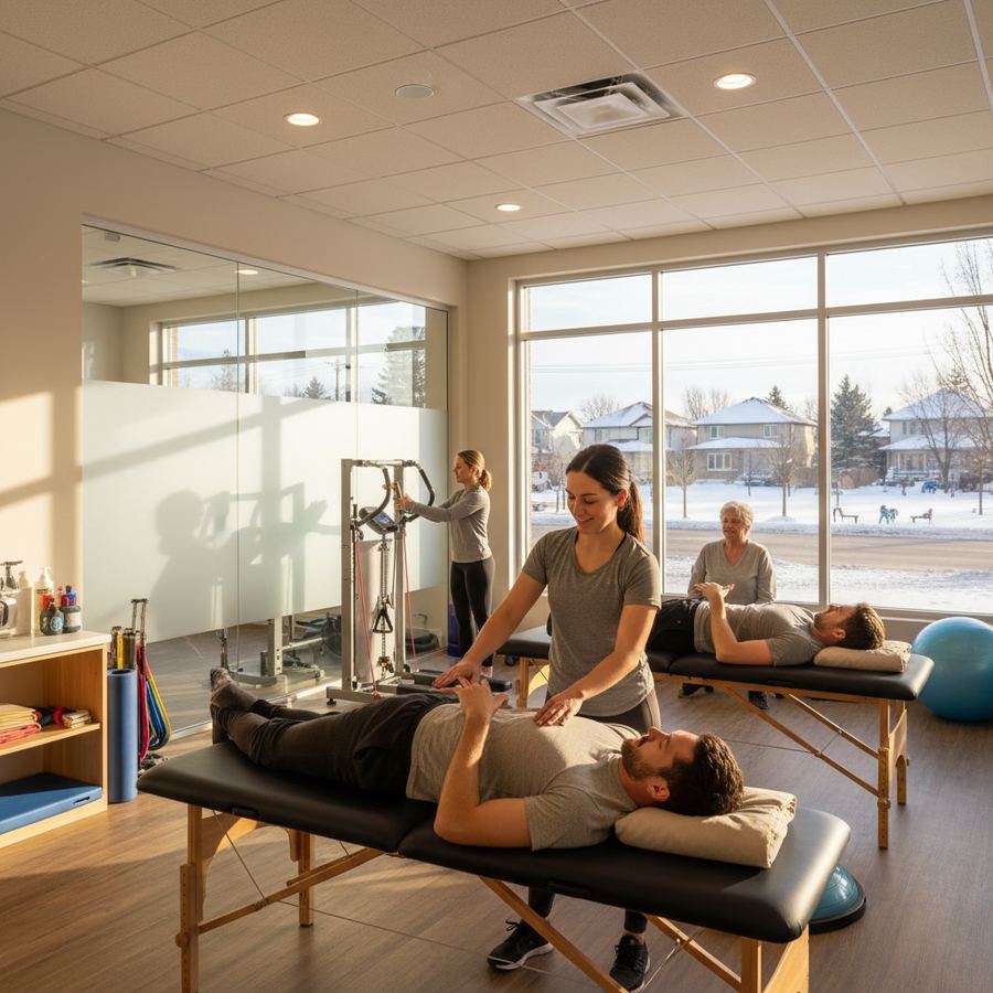 Physiotherapy treatment room with exercise equipment