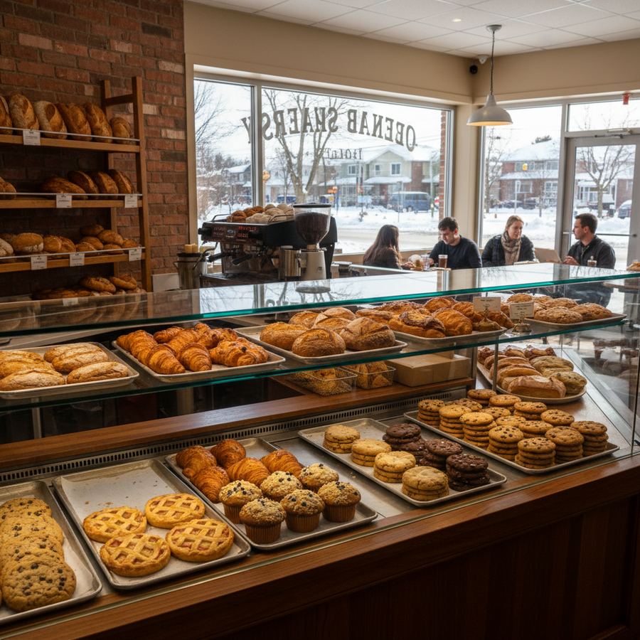 Display case of fresh pastries and cakes at an Orleans bakery