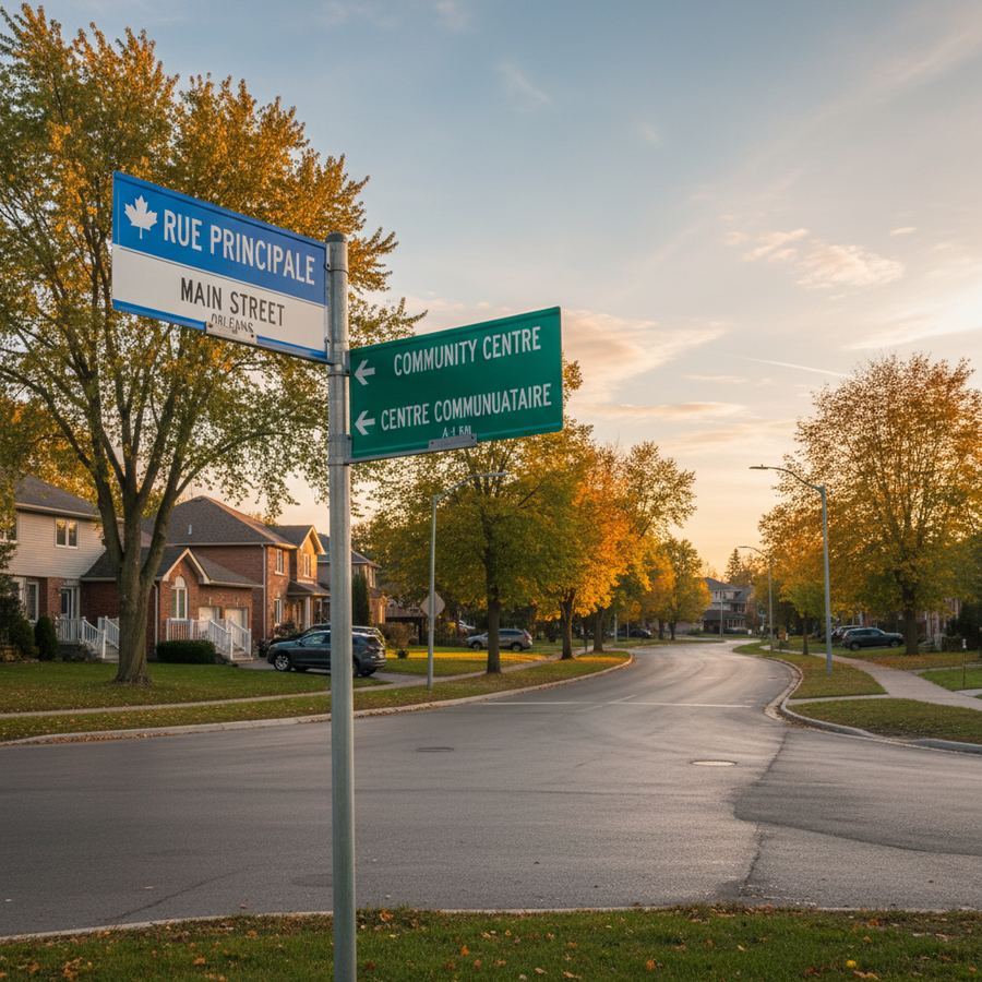 Bilingual French and English signage along a commercial street in Orleans