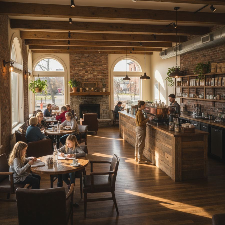 Interior of a cozy cafe in Orleans with exposed brick and wooden tables