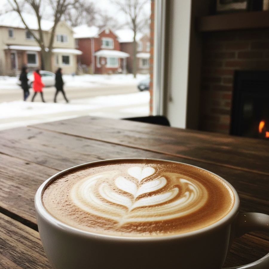 Latte with leaf art pattern at an Orleans coffee shop