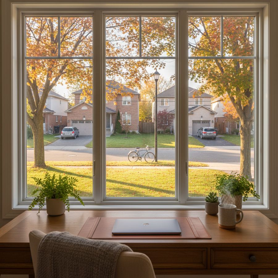Home office desk by a window overlooking an Orleans backyard