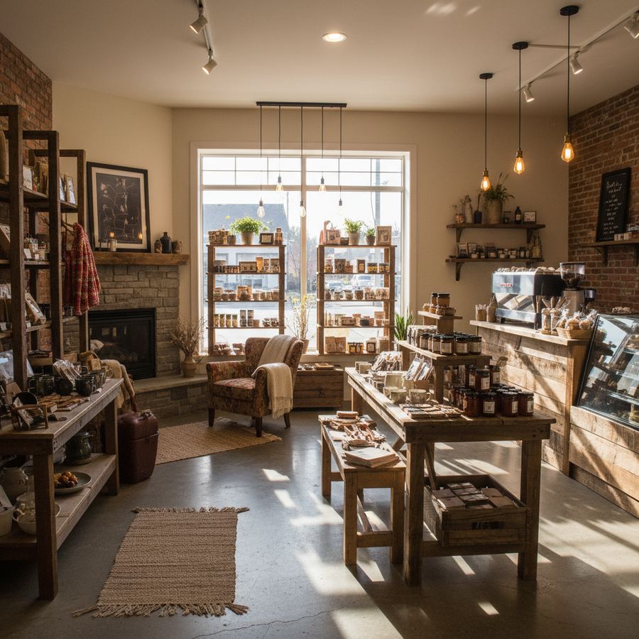 Interior of a curated local gift shop in Orleans with handmade goods on display