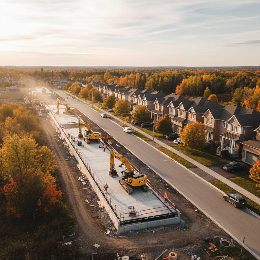 Construction progress on the LRT extension toward Orleans