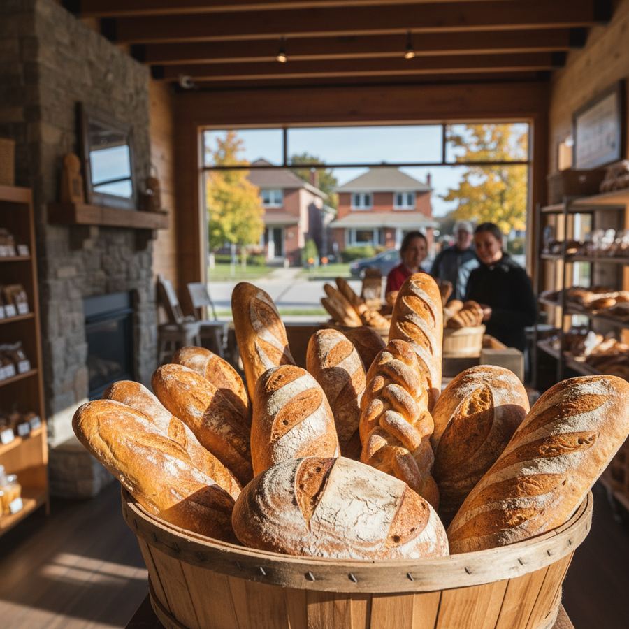 Artisan bread loaves displayed at a farmers market vendor stall