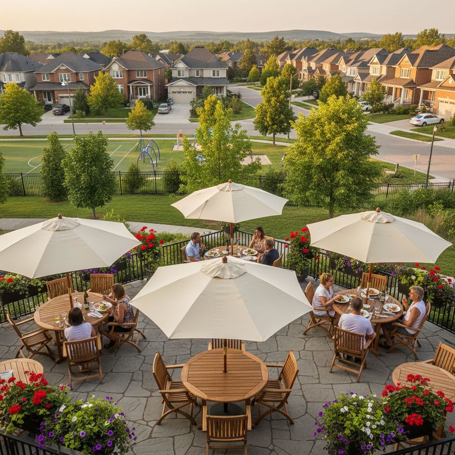 Overhead view of colourful patio dining setup at an Orleans restaurant