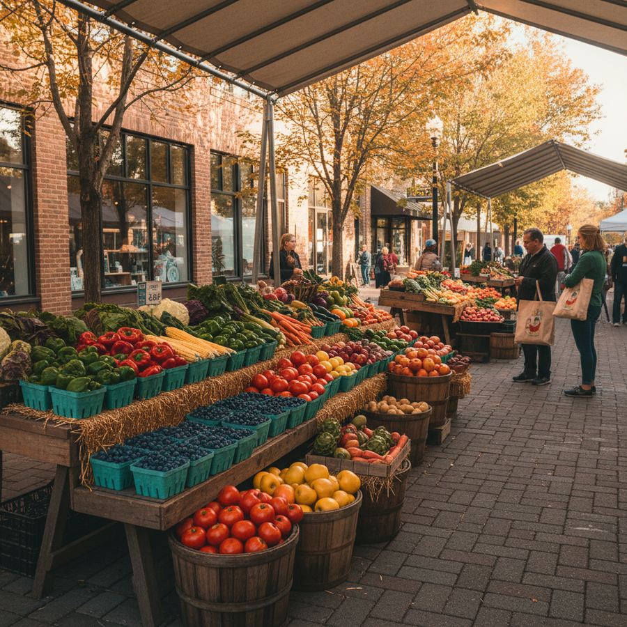 Fresh produce display at a market in Orleans with colourful fruits and vegetables