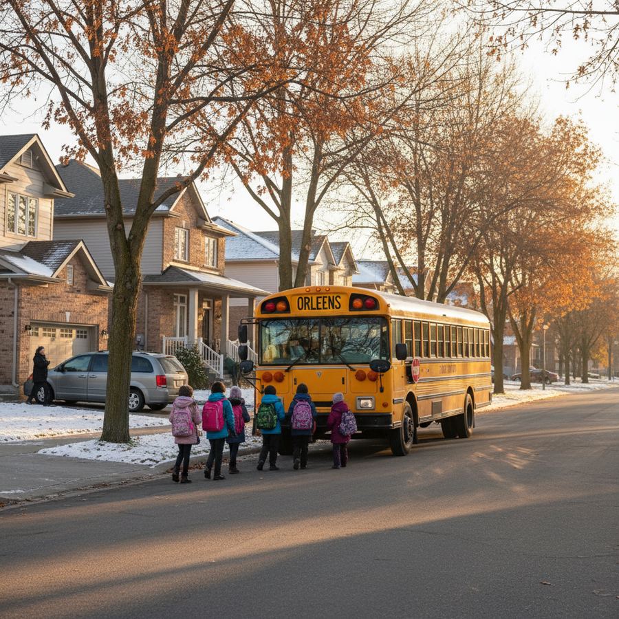 School bus on a residential street in Orleans on a fall morning