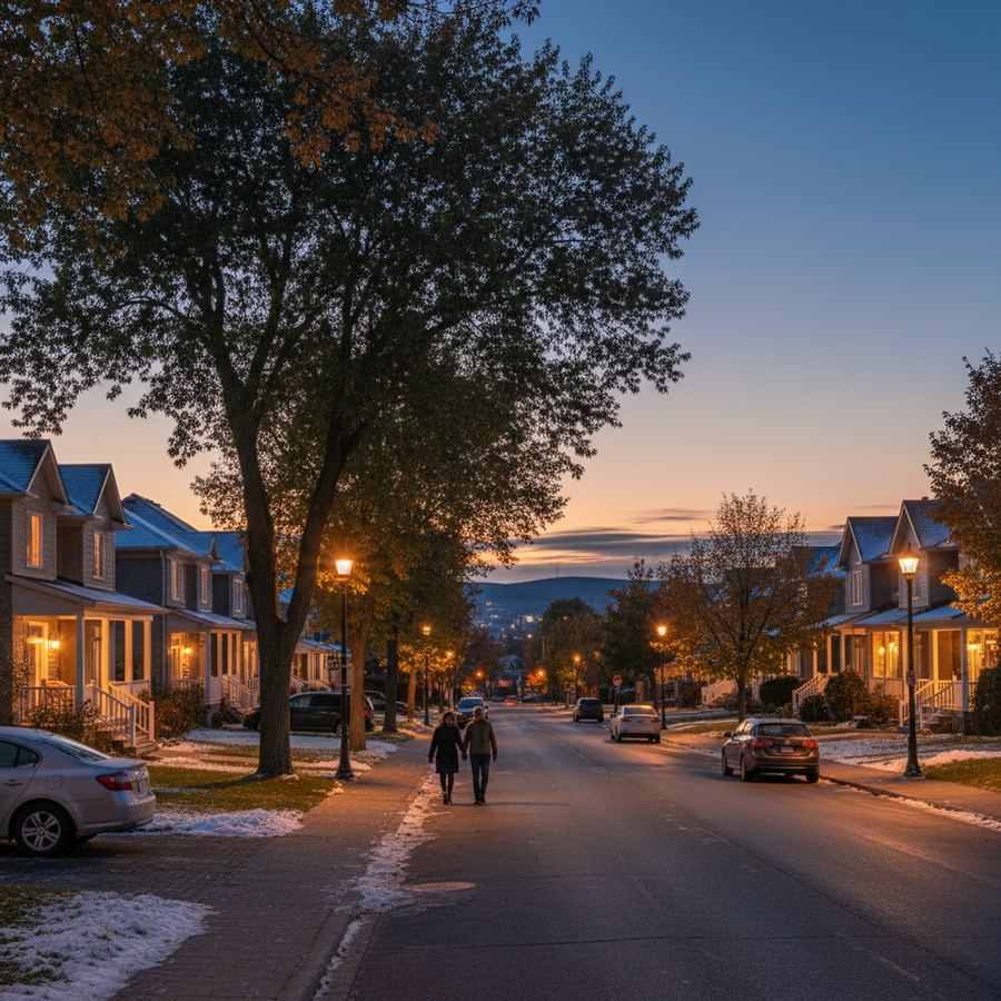 St-Joseph Boulevard in Orleans at dusk with restaurant lights